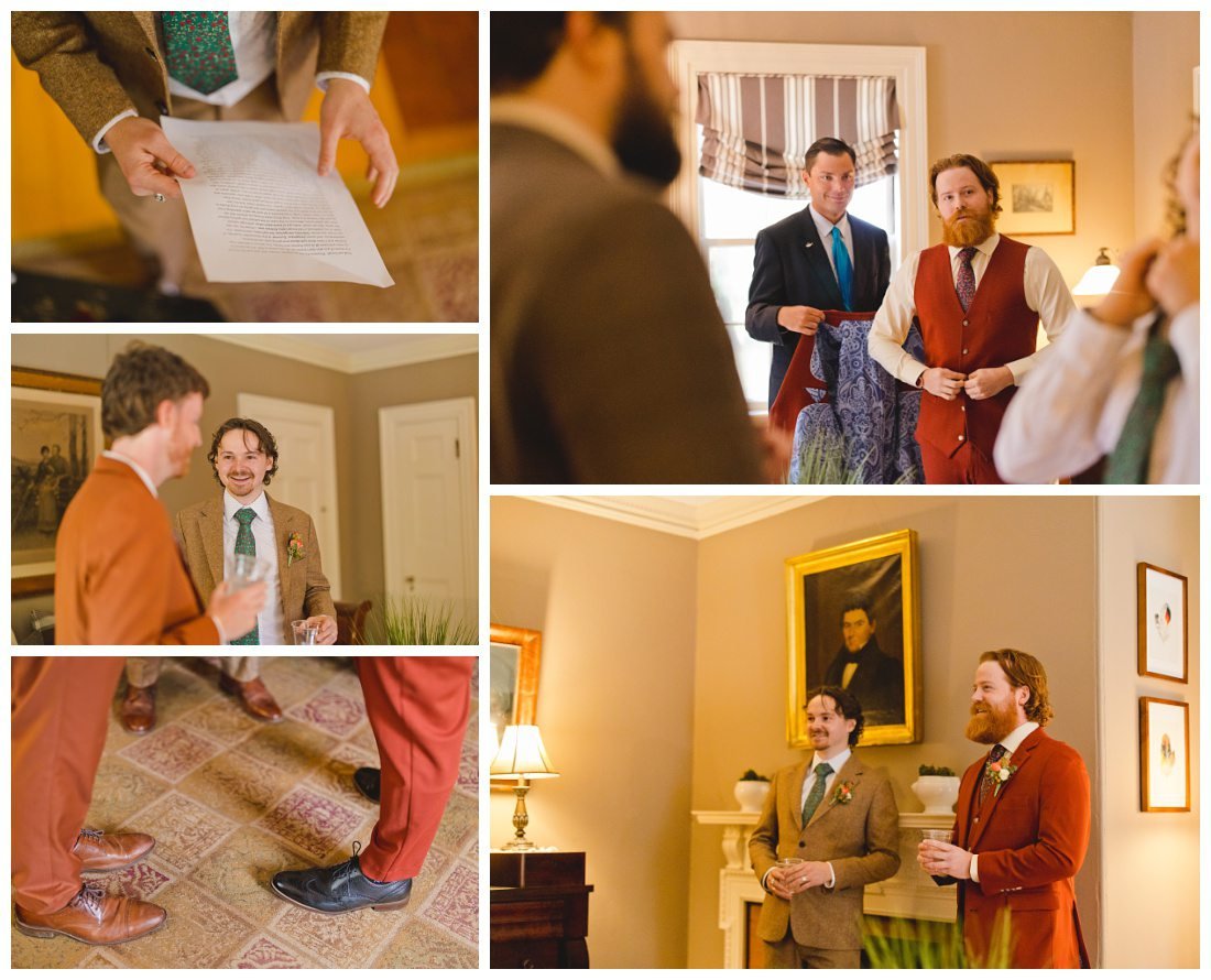 groom prepares for wedding with his groomsmen - talking and putting on coats and vests