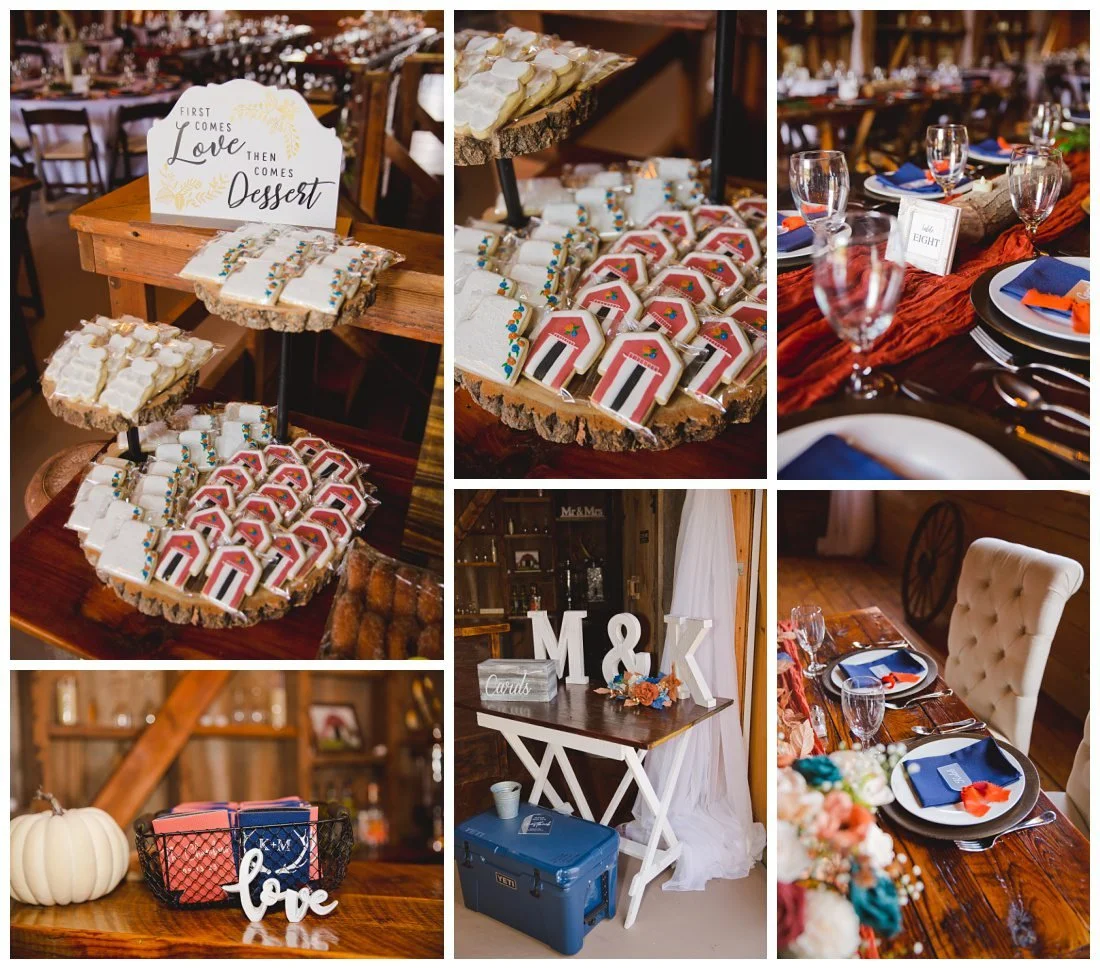 wedding details including specialized cookies with red barn, orange and blue tablescapes