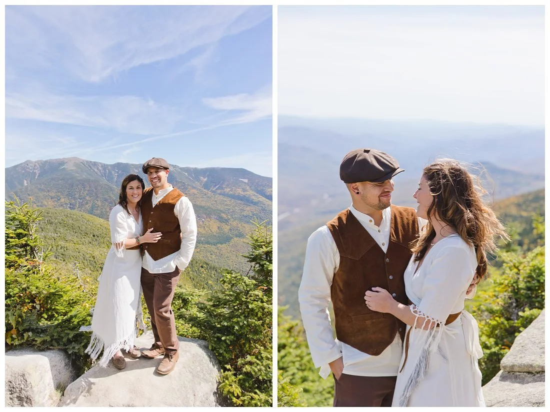 bride and groom at the top of cannon mountain with mountains behind them