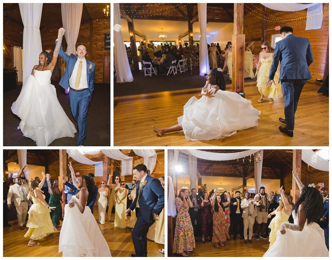 bride and groom enter reception with cheers, bride does a split and lots of guests surround them to dance