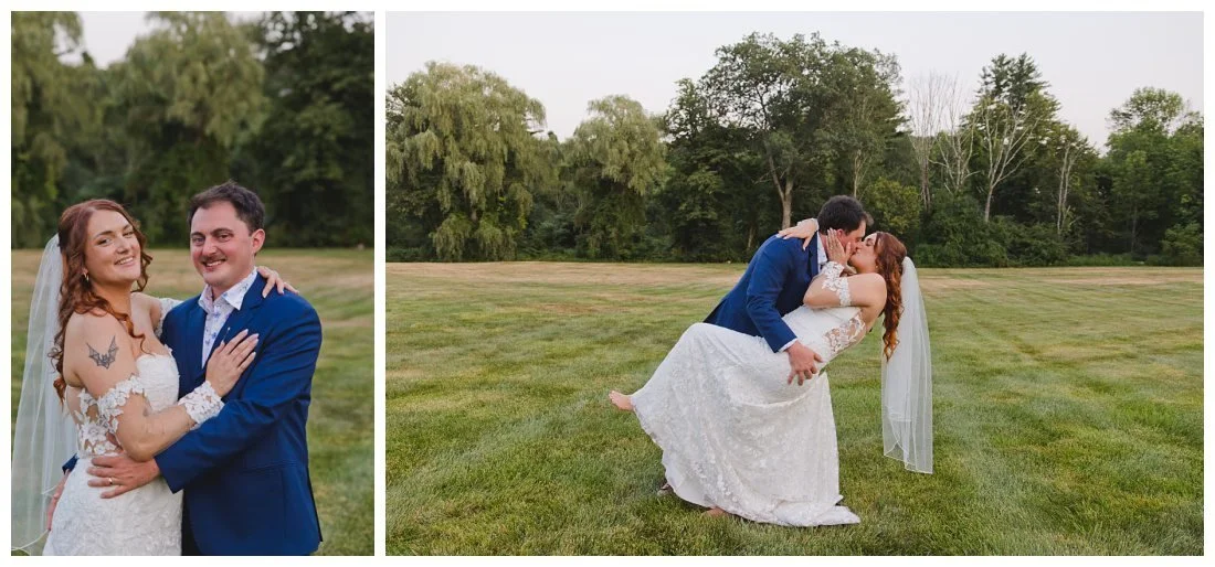 golden hour wedding photos on the lawn at the westbrook inn, dip and kiss