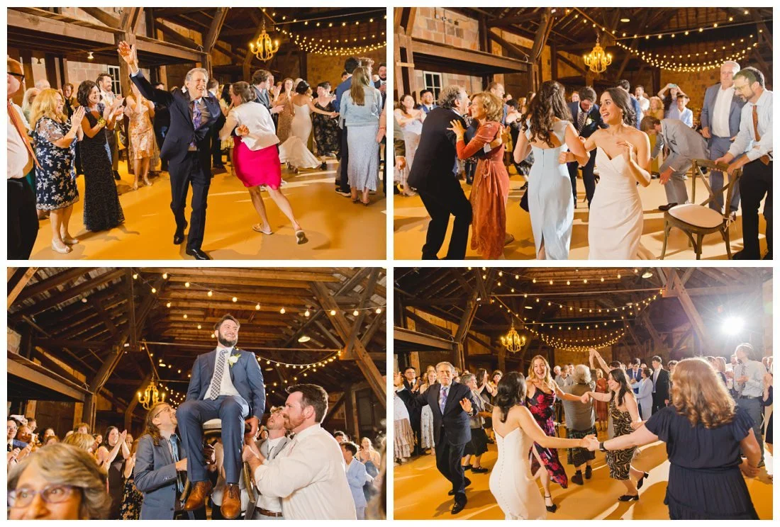 bride and groom swing arm in arm with their guests during the hora dance