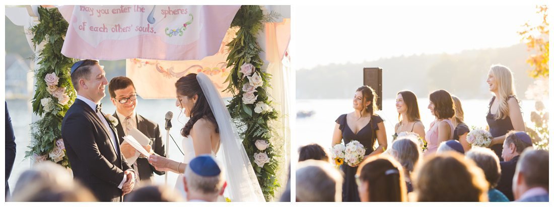 bridesmaids laugh whil bride reads her vows to groom