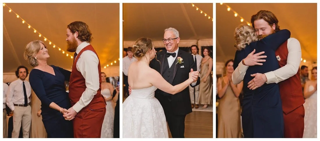 bride and her dad dance, groom and his mom dance and hug