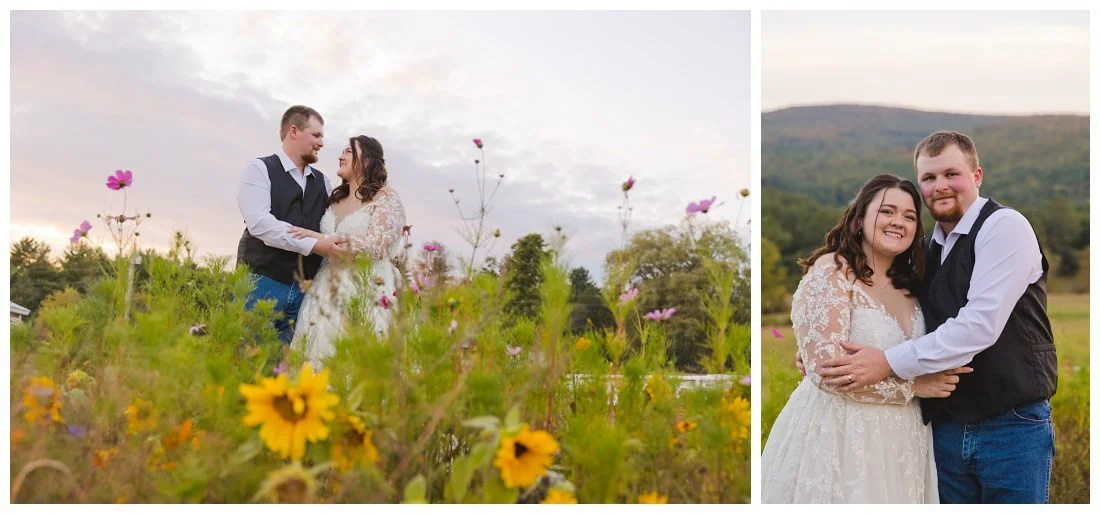 bride and groom in wildflower field at jeffers hill farm