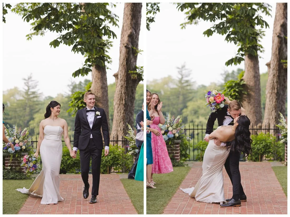 bride and groom do a dip and kiss on brick walkway in garden at the evermore at peirce farm after their wedding ceremony