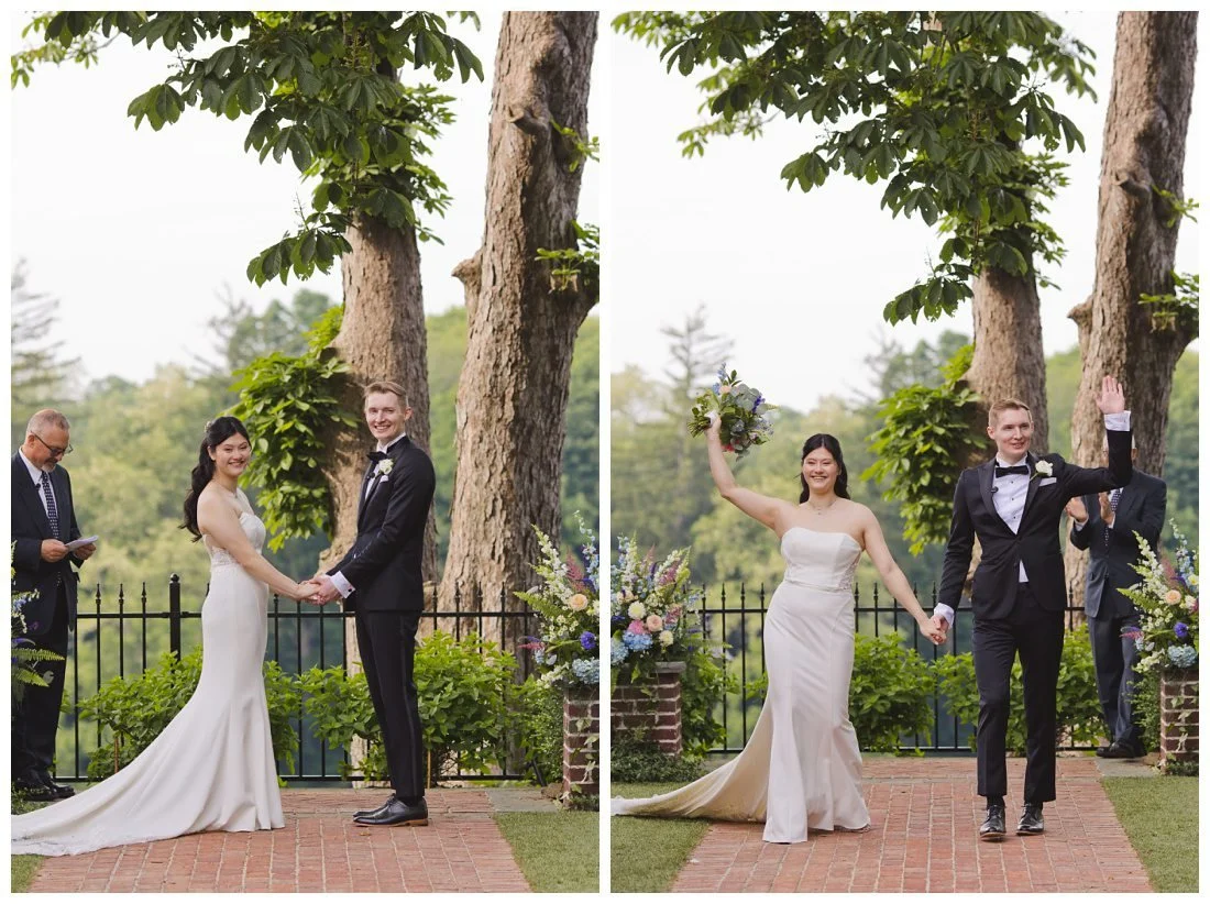 wedding couple cheer and smile after wedding ceremony