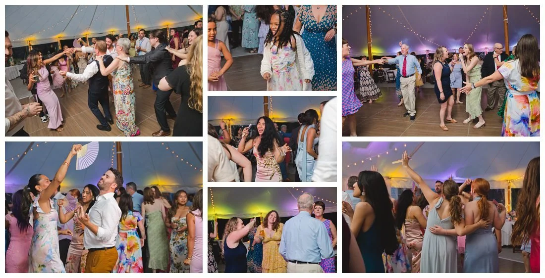reception dancing photos with yellow uplighting and cafe lights in the tent
