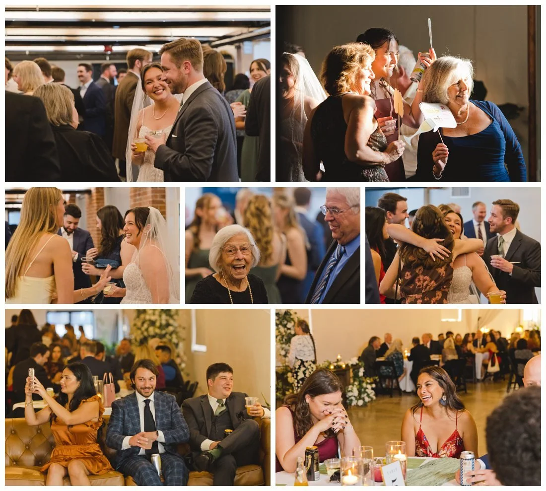 cocktail hour at the venues at the factory, with guests enjoying all the different areas