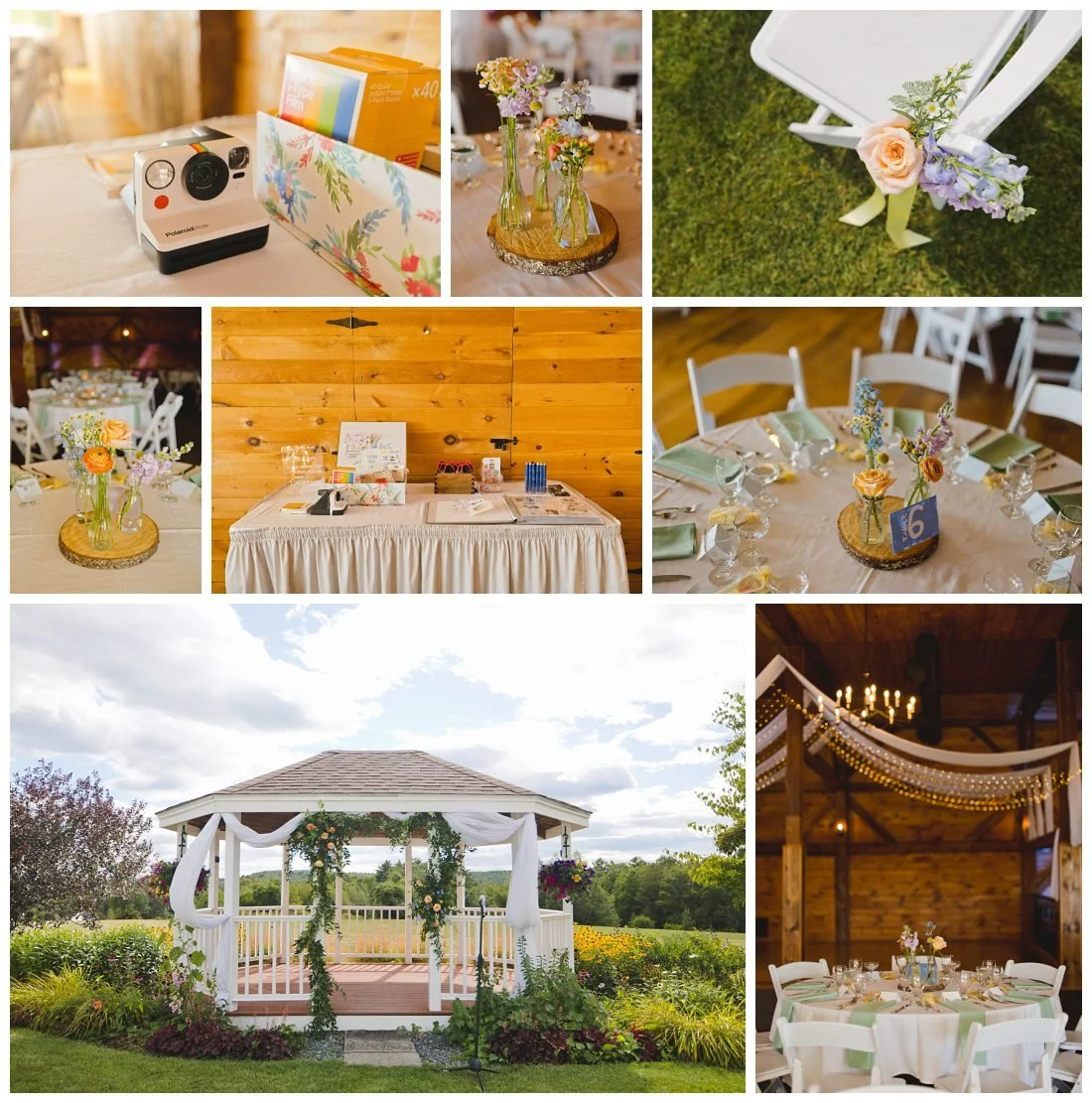 details of wedding reception inside dell lea with bud vases and wood cut centerpieces