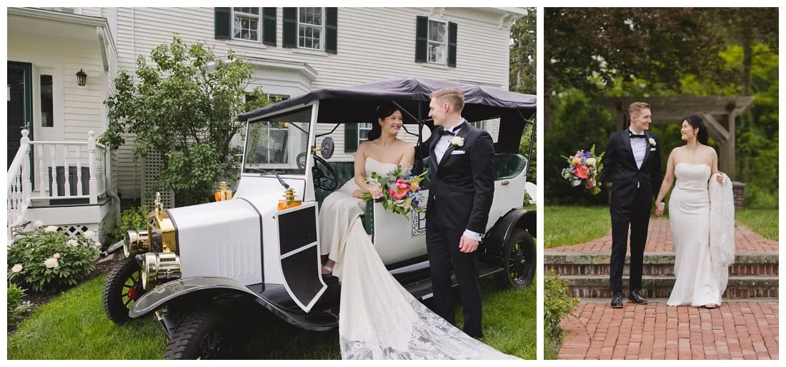 bride and groom in classic car outside of estate house evermore