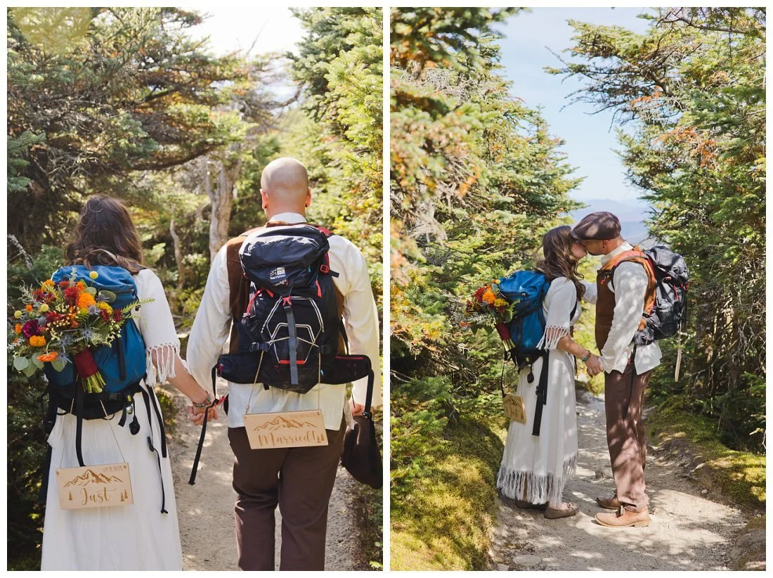 bride and groom hike to the summit of cannon mountain, wearing backpacks