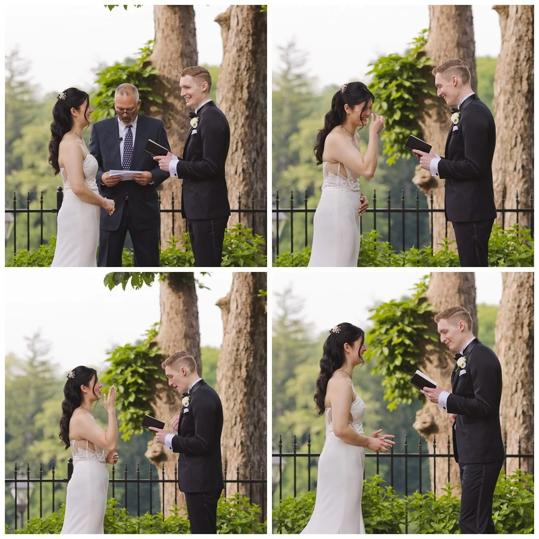 bride laughs and cries during the groom's personal vows during wedding ceremony