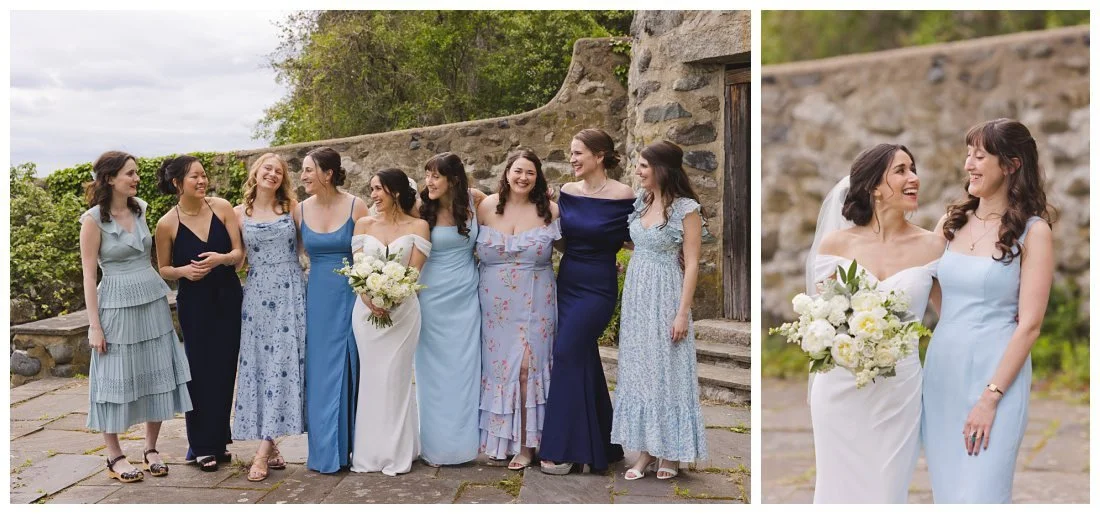 bridesmaids with bride laughing, all in different types of blue dresses, some floral, light and dark blue
