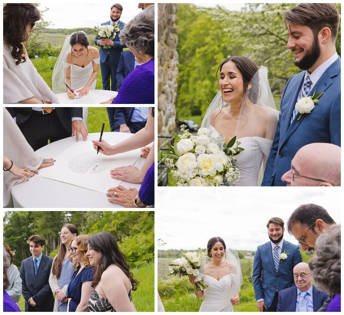 jon and mira sign their ketubah in the gardens surrounded by their family and close friends