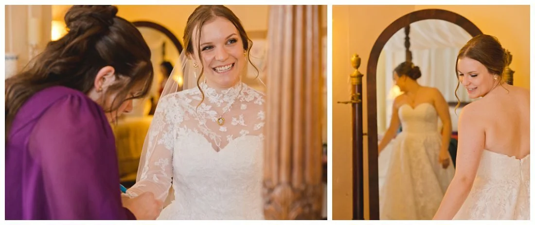 bride gets ready in glen magna farms suite in front of full length mirror and gets help putting on lace jacket