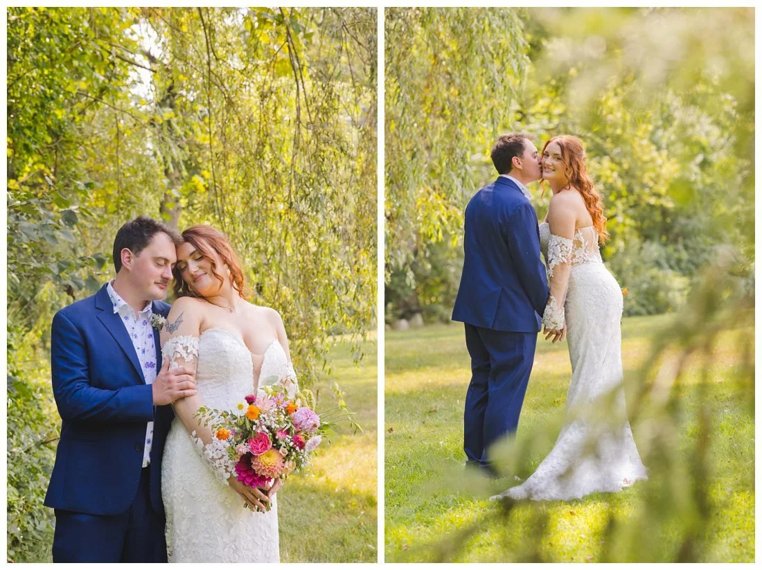 bride and groom wedding photos in front of weeping willow tree at the westbrook inn