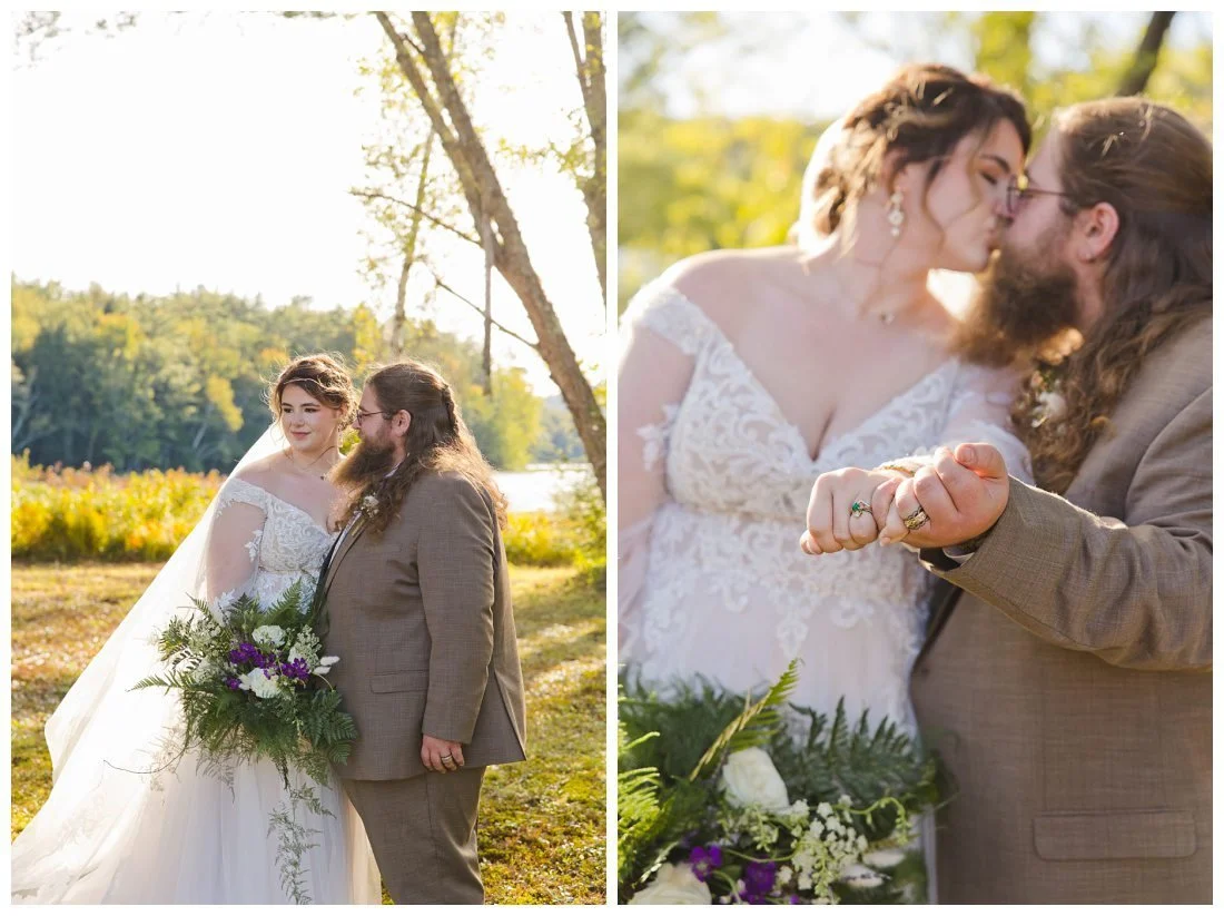 close up of rings with couple kissing, wedding photos at lake winnipesaukee
