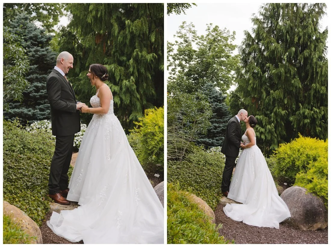 bride and groom surrounded by greenery in this gorgeous garden uncanoounuc mountain