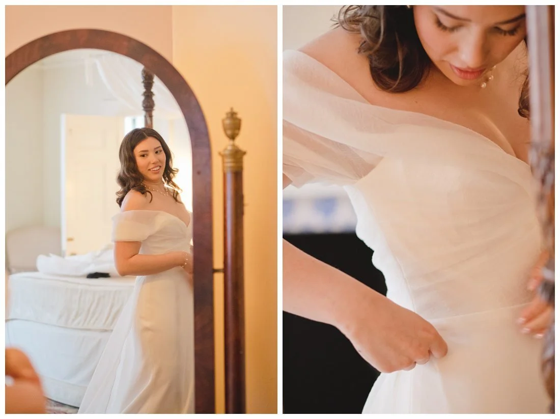 bride looking at herself in full length mirror in wedding dress