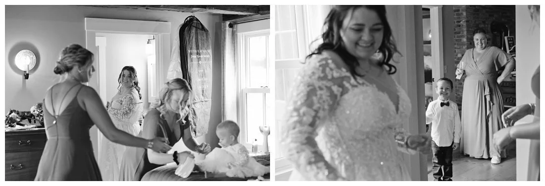 black and white photos of bride getting ready with ring bearer and flower girl