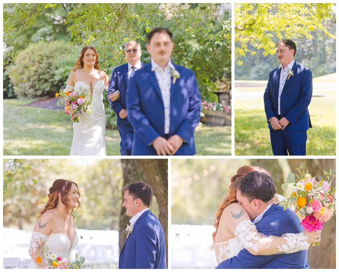 bride's dad escorts his daughter to first look before wedding