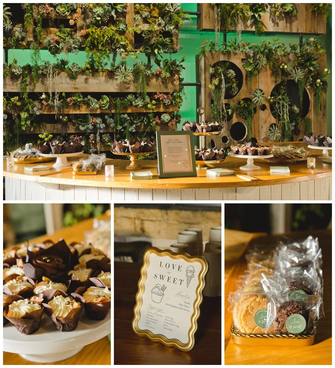 dessert bar set up a the venues at the factory in front of the flower wall