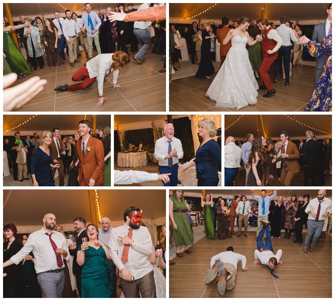 a collage of wedding dancing photos with guests laughing and doing breakdancing moves
