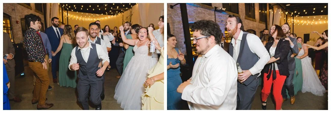 a fun dance conga line at wedding