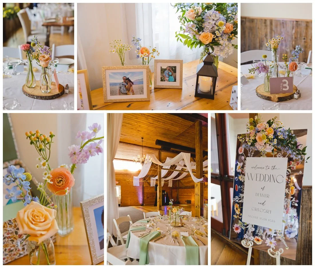 floral details and reception set up at dell lea with warm wood floors and walls