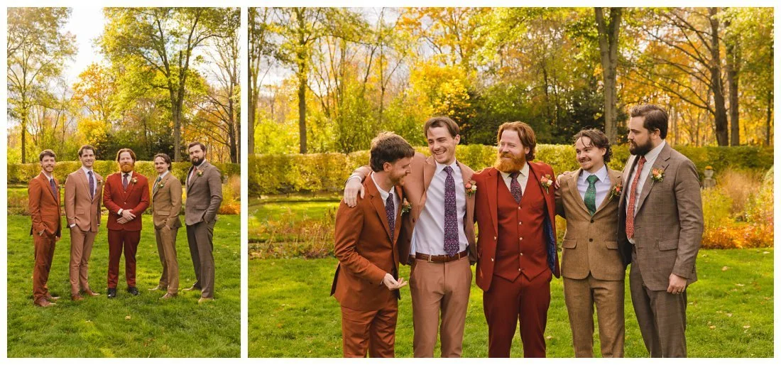 groomsmen in fall colors - rust orange, tan, brown