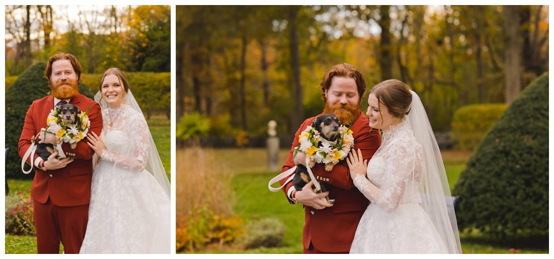 bride and groom and their dog wearing a floral wreath wedding photos