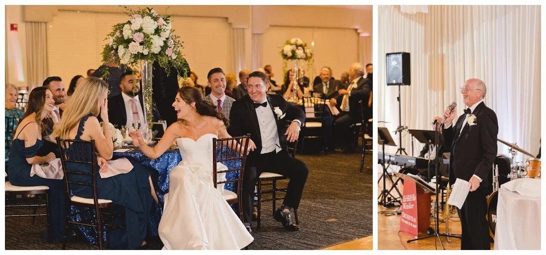 rachel's dad gives a wedding toast and rachel turns to her bridesmaid and laughs with her hand over her face