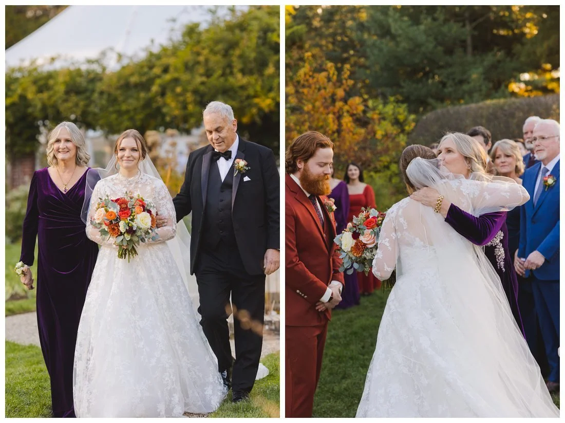 emma walks down the aisle with her parents, gives her mom a hug at the end