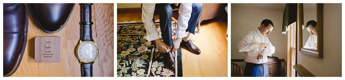 details of groom getting ready, tying shoes, buttoning shirt