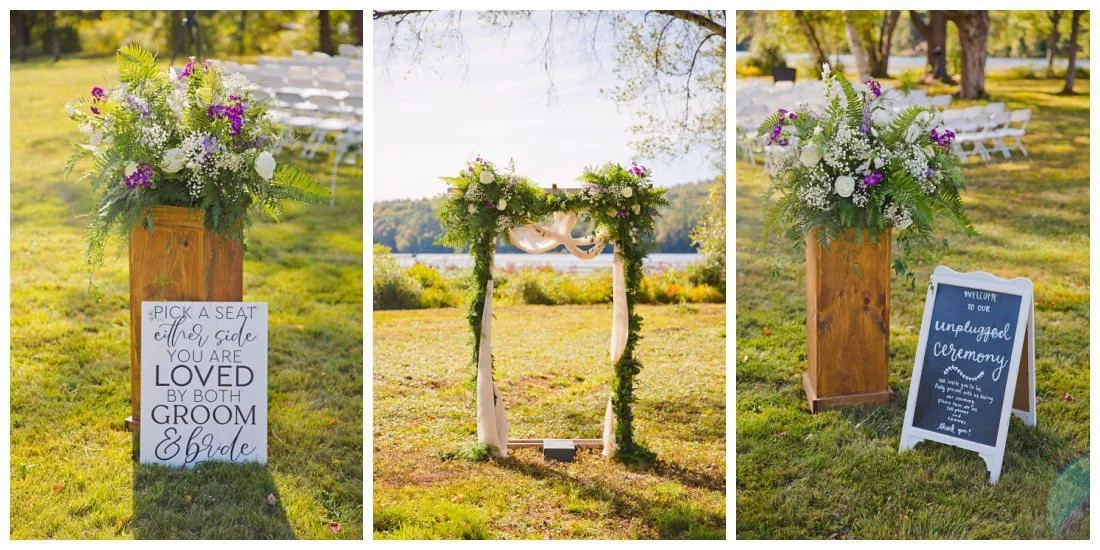 wedding ceremony signs - unplugged ceremony and pick seat on either side, next to wooden pillars with large floral arrangements on top