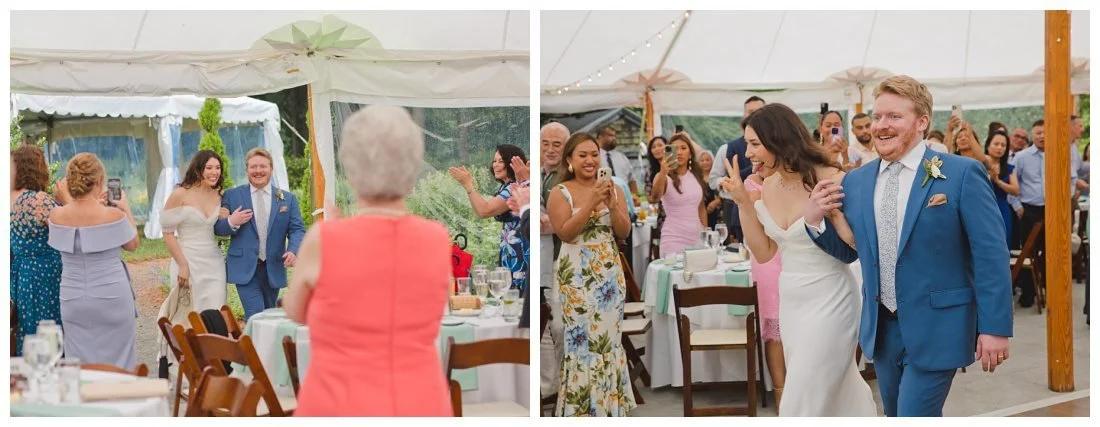 couple enters their wedding reception in tent spring rainy wedding