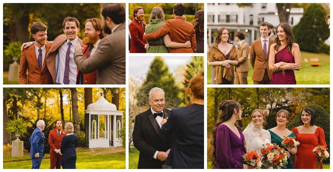 candid photos of the wedding party and families during posed portraits