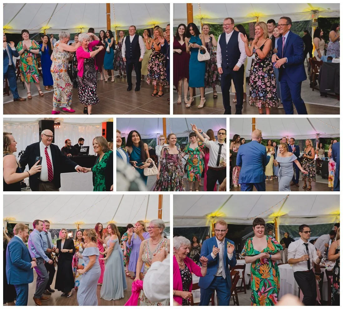 friends and family dance during wedding reception