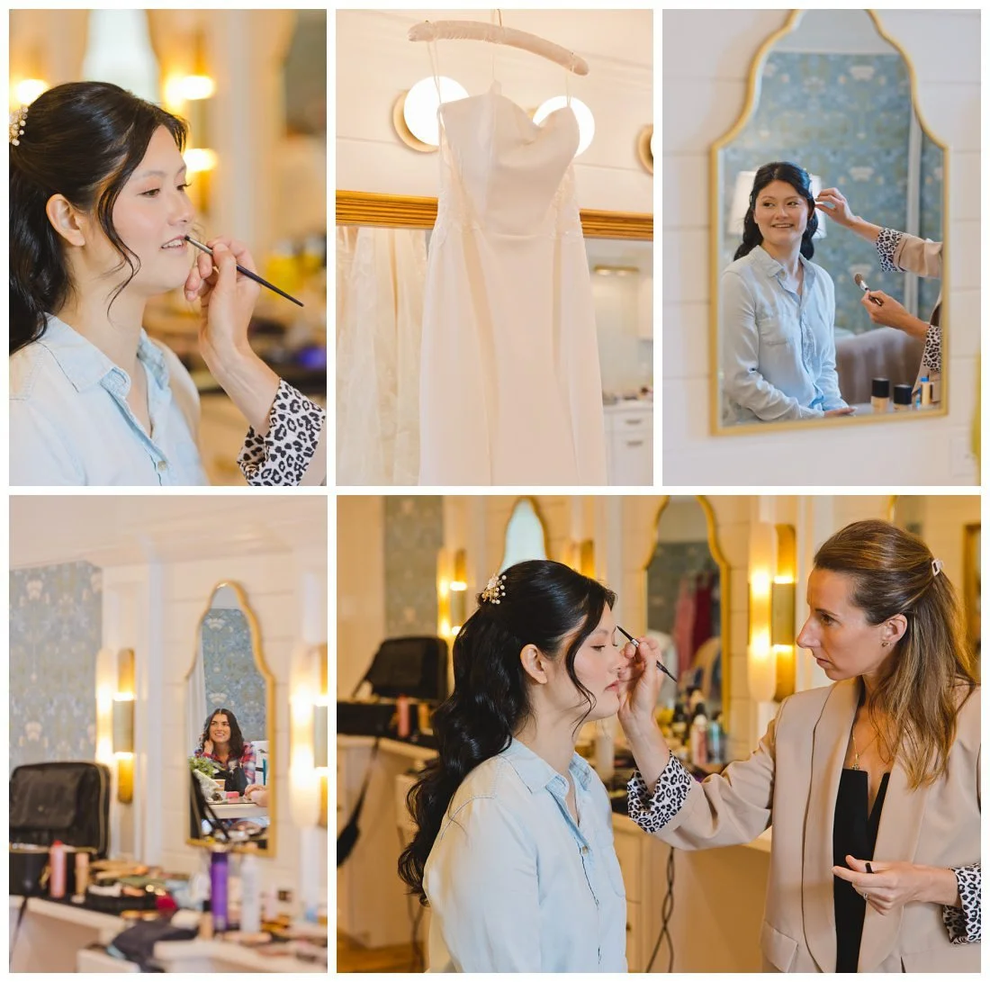 bride getting ready at the bridal suite at the evermore at peirce farm putting on makeup