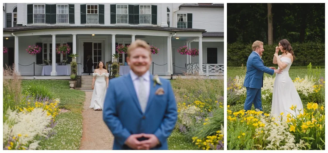 first look at wedding in pathway surrounded by spring flowers of yellow and white