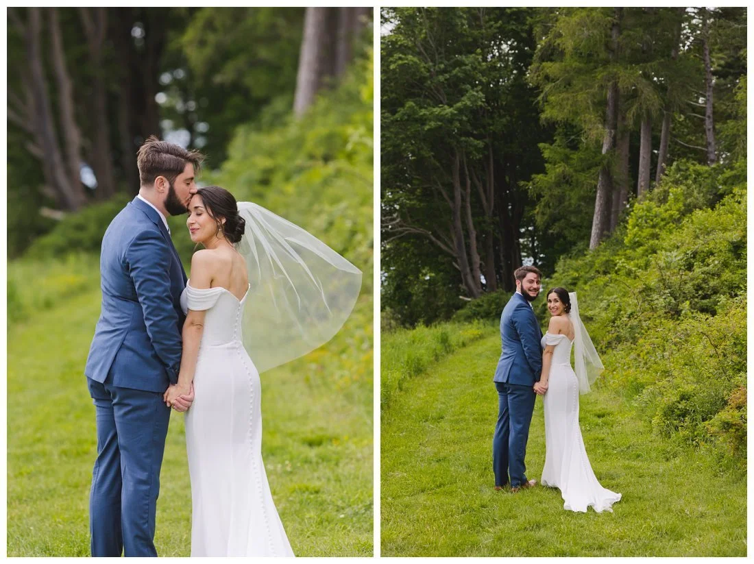 elegant bride and groom wedding portrait photos, groom kisses bride on forehead