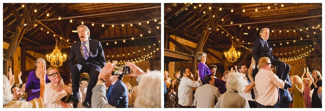 the bride's parents get lifted on chairs for the hora and her dad gasps