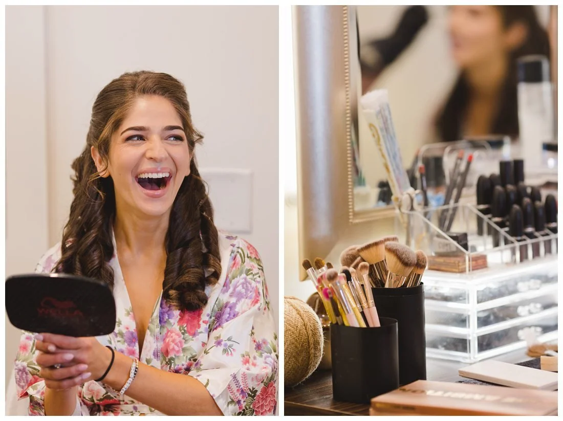 rachel has a huge grin after she looks at her wedding makeup; closeup of makeup tools and brushes