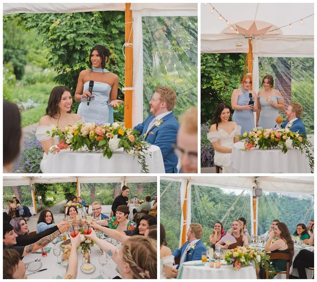 bridesmaids give toasts at wedding reception and guests raising their glasses