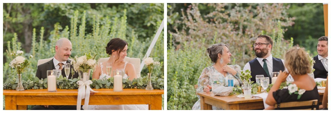 an emotional moment during toasts as bride and her mom look toward her brother