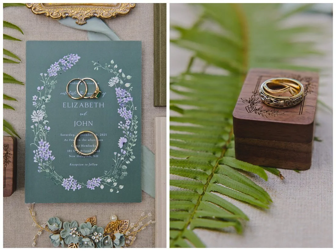 wooden personalized ring box with celtic wedding rings resting on top; forest green invitation suite with floral details