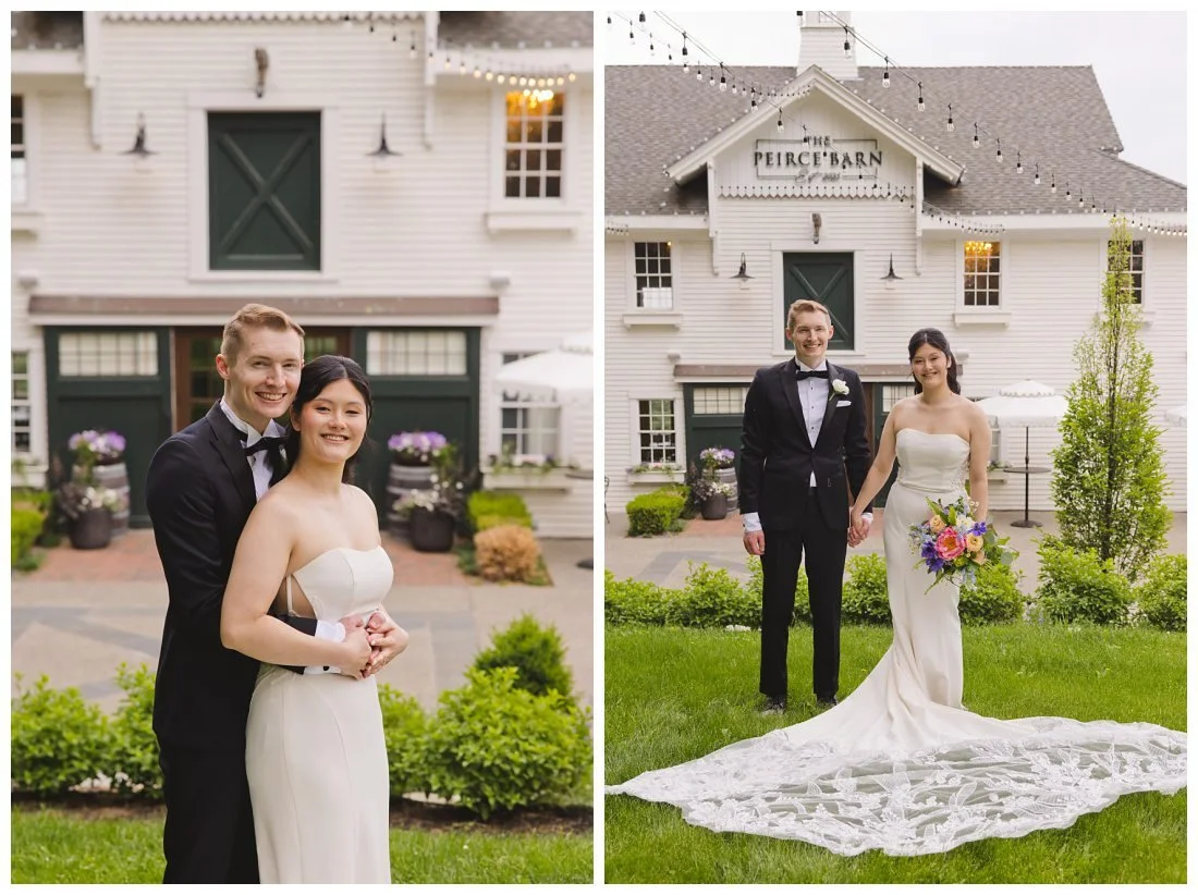 elegant bride in strapless gown with long train and groom in classic black tux in front of peirce barn in topsfield mass