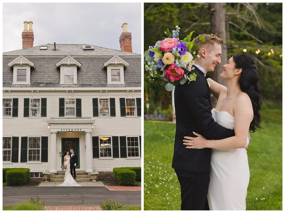 wedding photos outside the estate house at the evermore at peirce farm in topsfield