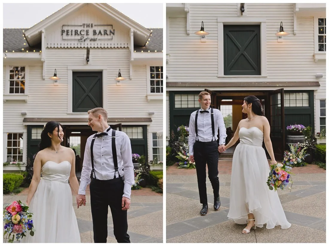wedding couple outside peirce barn during golden hour walking and looking at each other